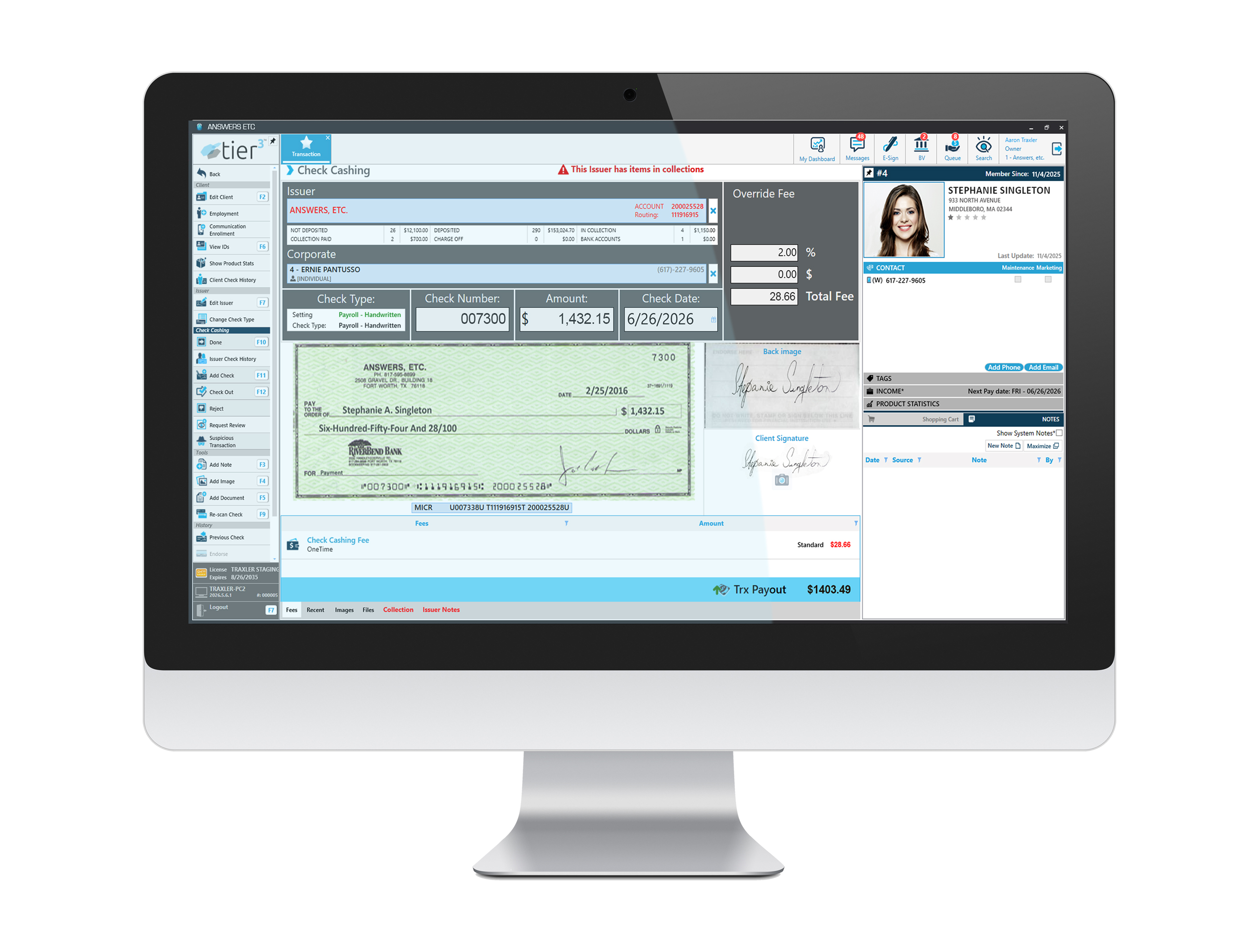 Tier3 check cashing software dashboard